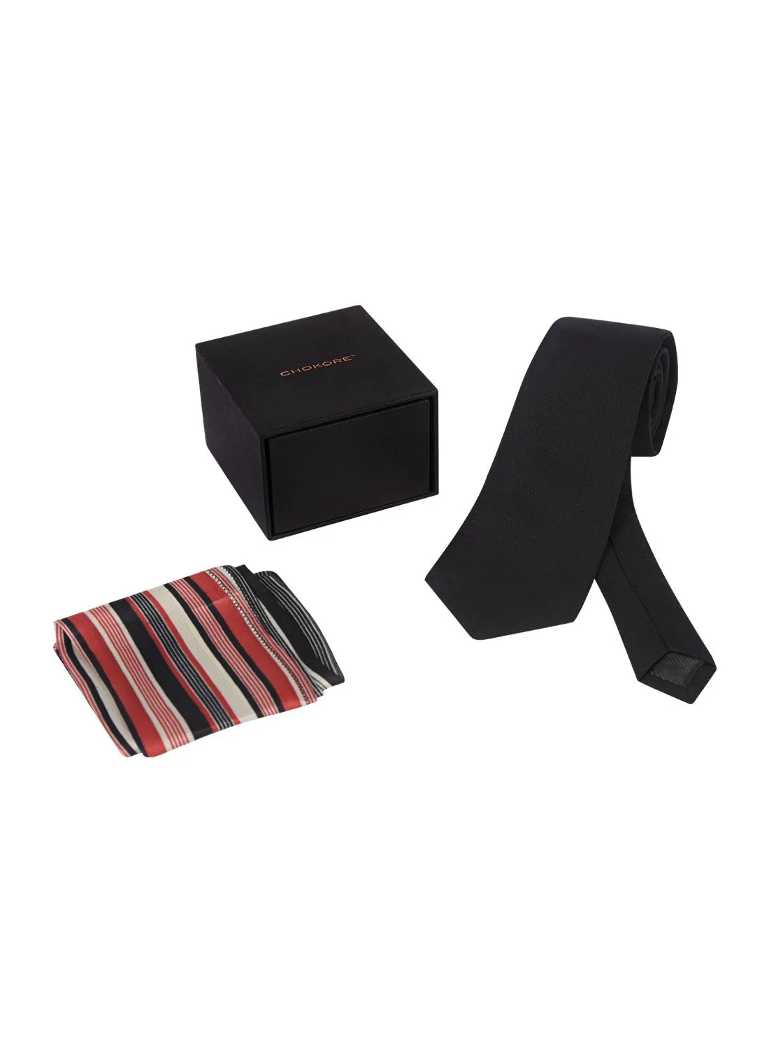 Chokore Black color Plain Silk Tie & Two-in-one Red & Black silk pocket square set