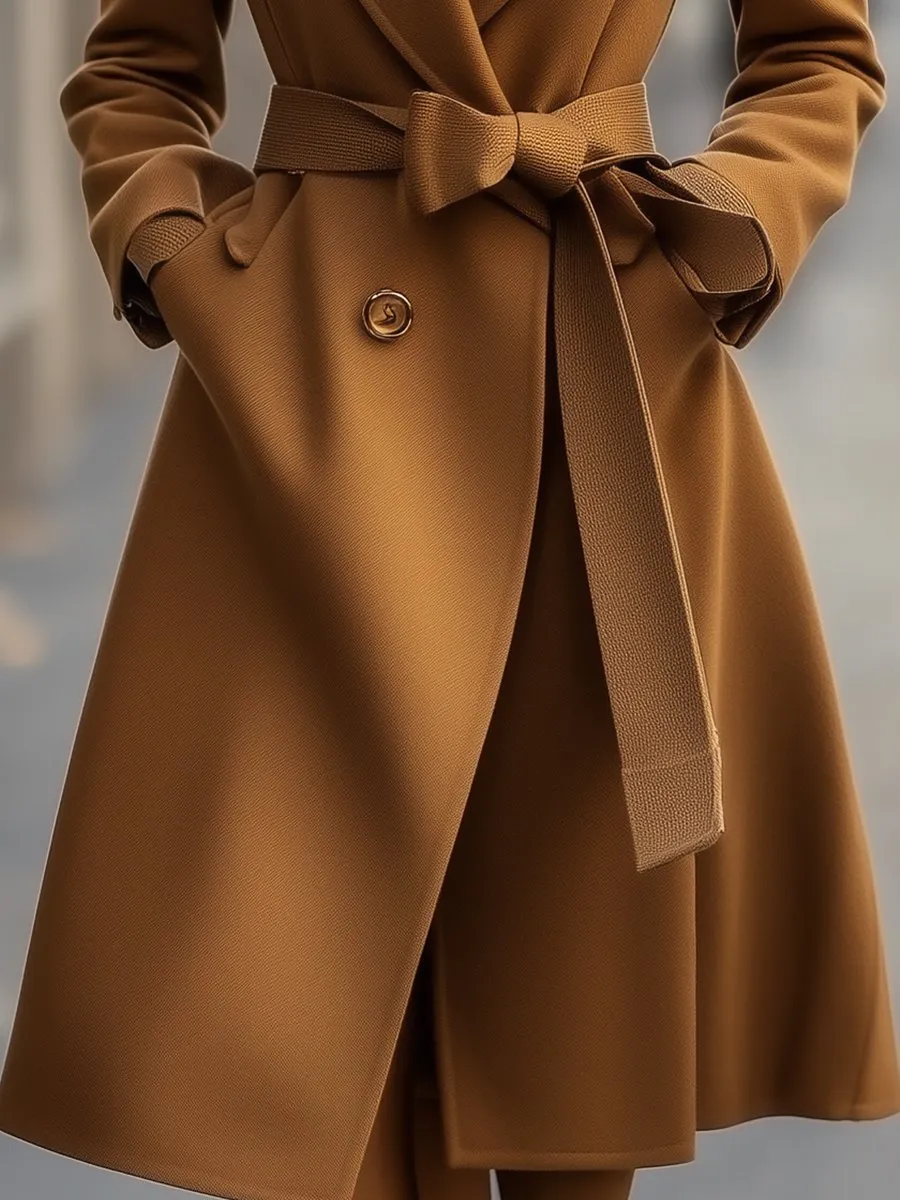 Classic Camel Wool Trench Coat with Belted Silhouette