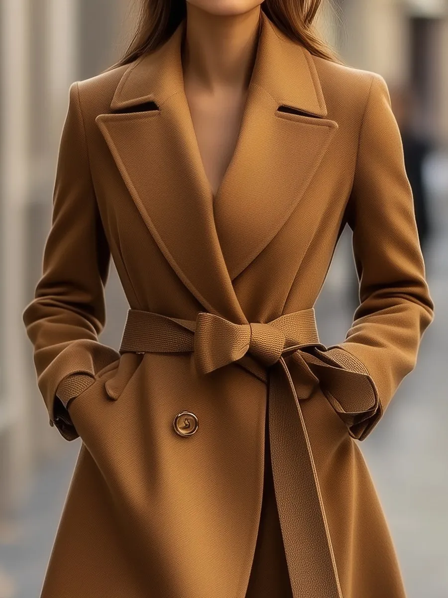 Classic Camel Wool Trench Coat with Belted Silhouette