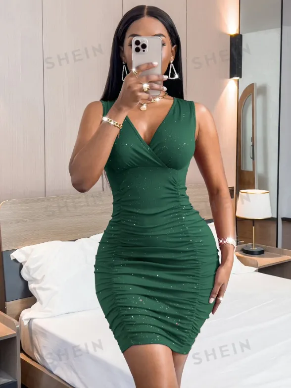 Classic Rhinestone Ruched Bodycon Dress