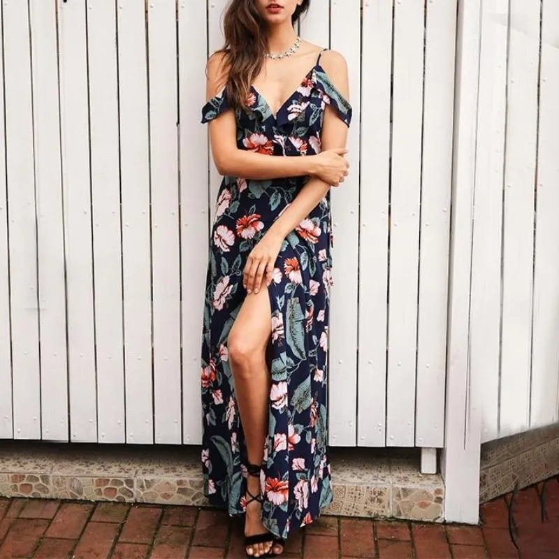 Cold Shoulder Ruffles Floral Print Backless Maxi Dress