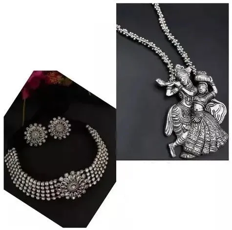 Combo Of 2 Silver-Plated Stone Studded & Beaded Jewellery Set