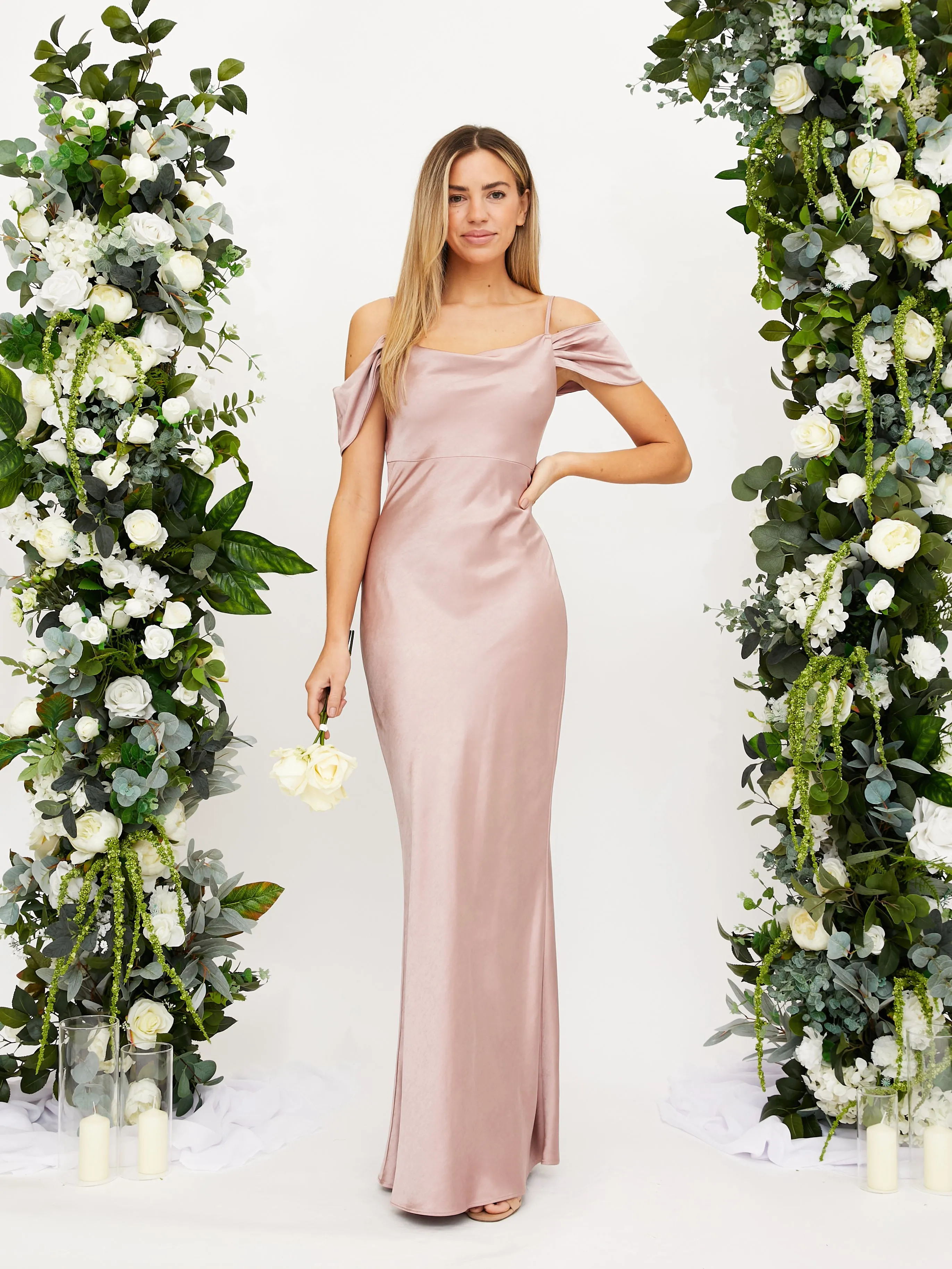 Cowl Neck Maxi Satin Dress / Blush