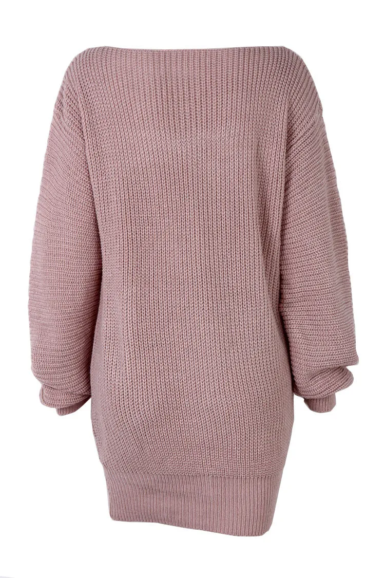 Cozy Winter Boat Neck Long Sleeve Textured Sweater Mini Dress - Pink