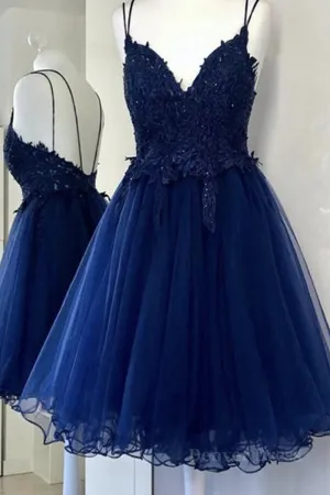 Cute V Neck Backless Blue Lace Short Prom Dresses Blue Lace Homecoming Dresses Blue Formal Evening Dresses