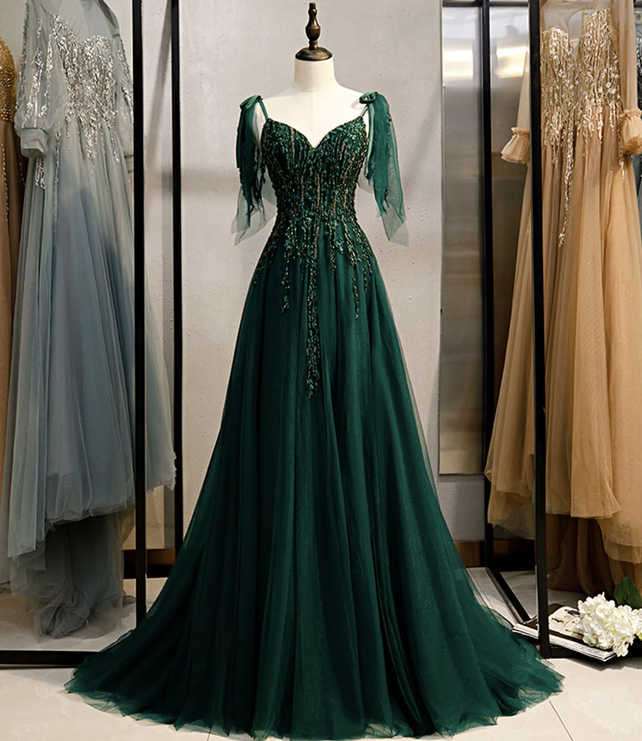 Dark Green Beaded Tulle Straps A-line Formal Dresses, Green Evening Dress Prom Dresses