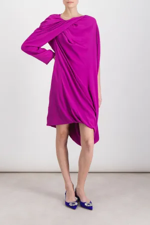 Draped one sleeve crêpe de chine mini dress