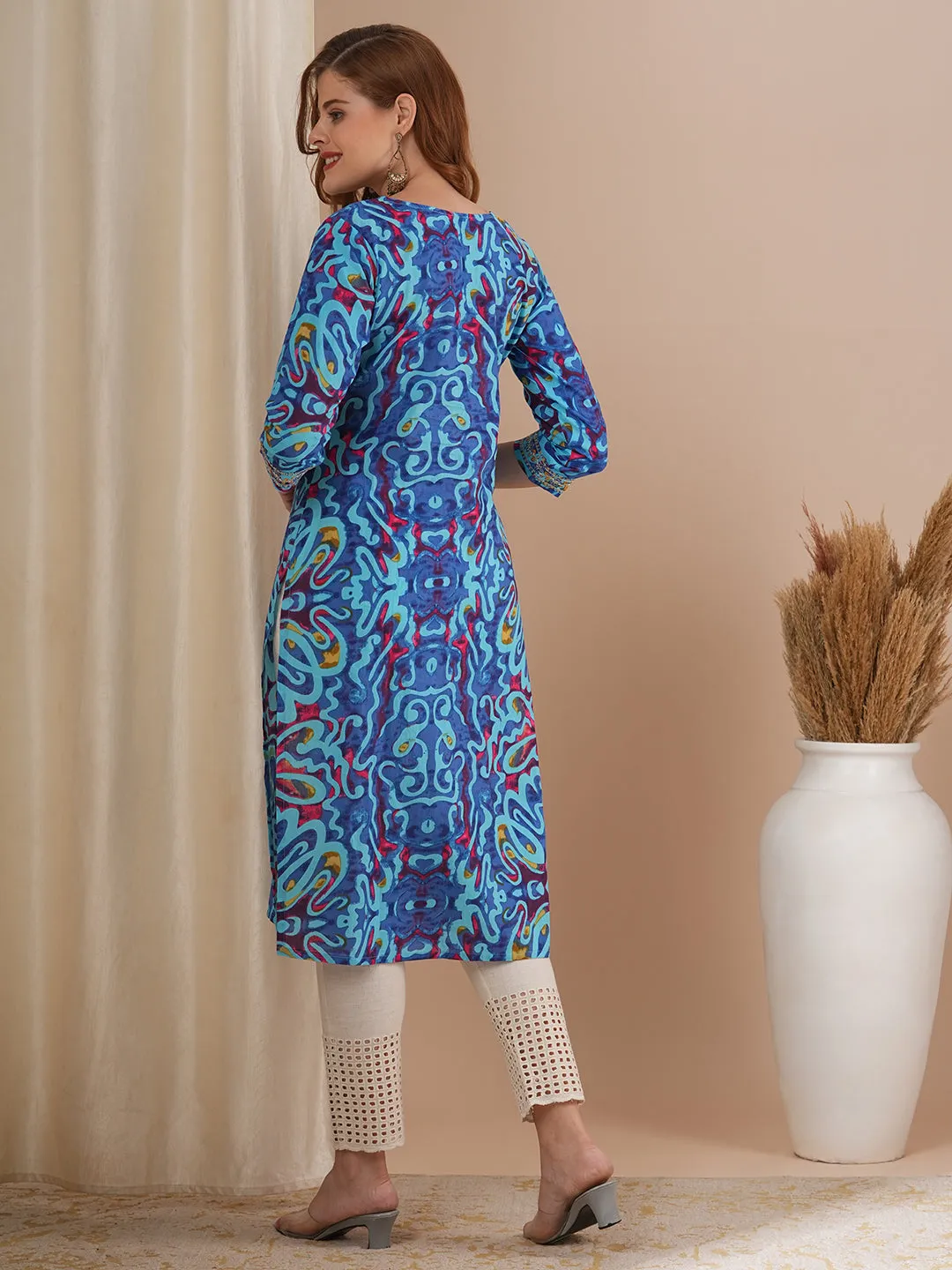 Ethnic Abstract Printed & Embroidered Straight Fit Kurta - Blue