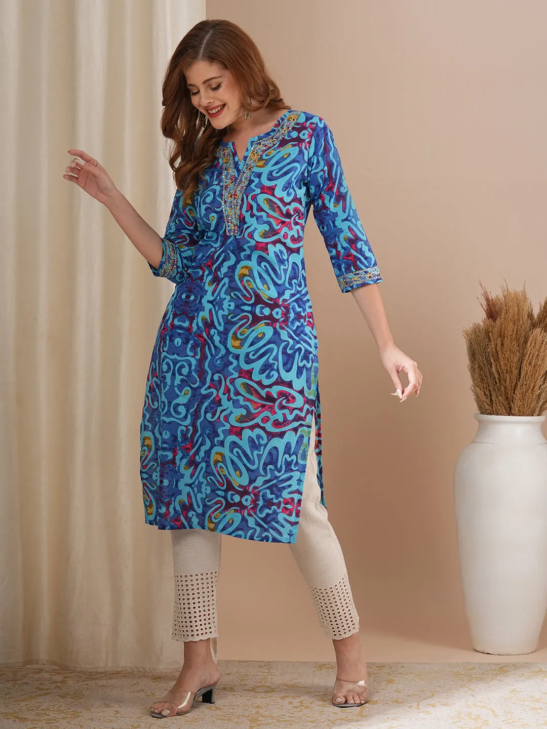 Ethnic Abstract Printed & Embroidered Straight Fit Kurta - Blue