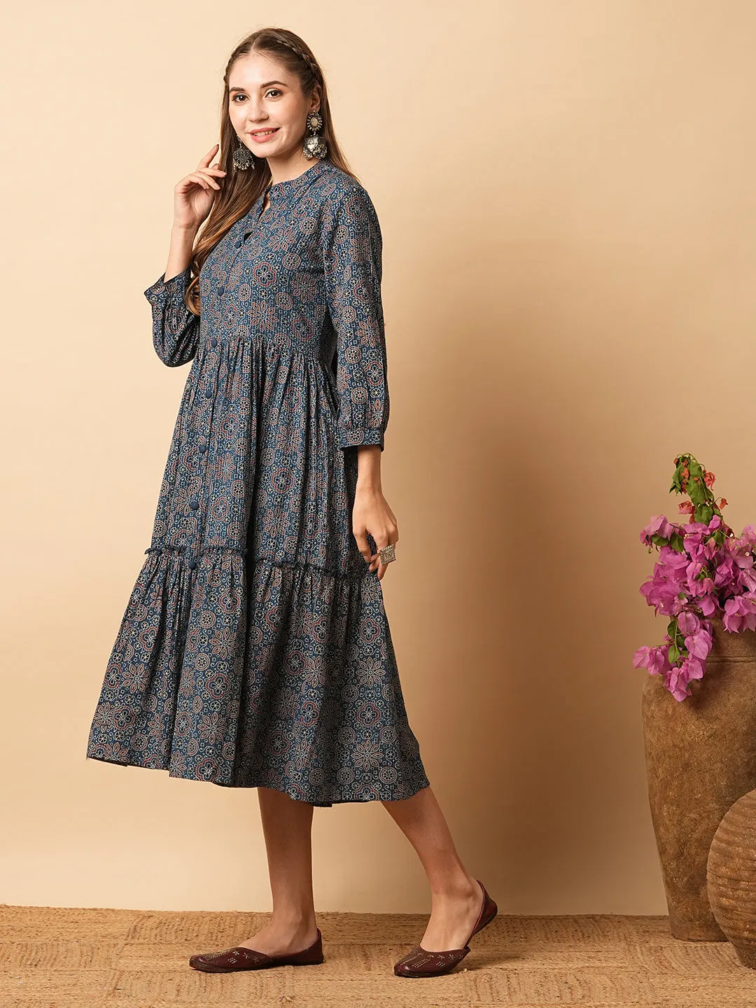 Ethnic Ajarakh Printed Pleated Flared Midi Dress - Indigo Blue