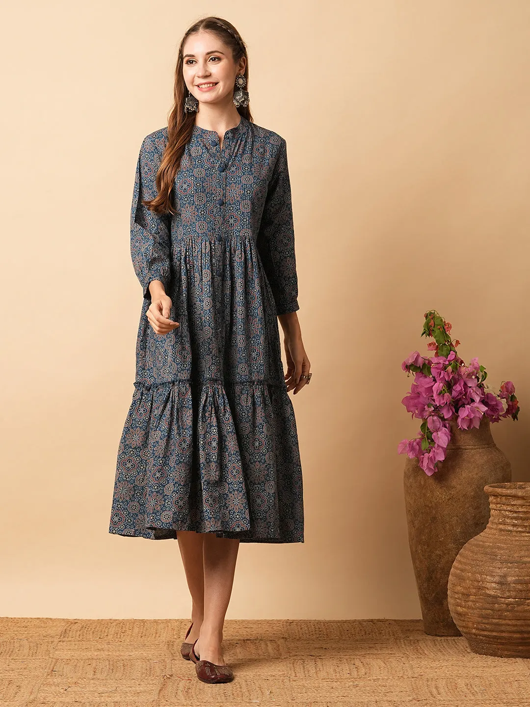 Ethnic Ajarakh Printed Pleated Flared Midi Dress - Indigo Blue