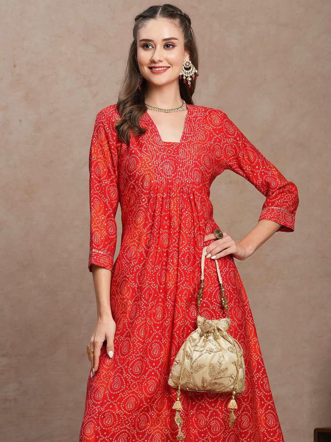 Ethnic Bandhani Foil Printed A-Line Co-ord Set - Red