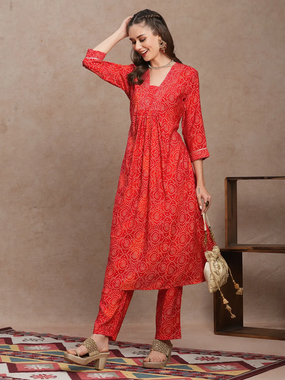 Ethnic Bandhani Foil Printed A-Line Co-ord Set - Red