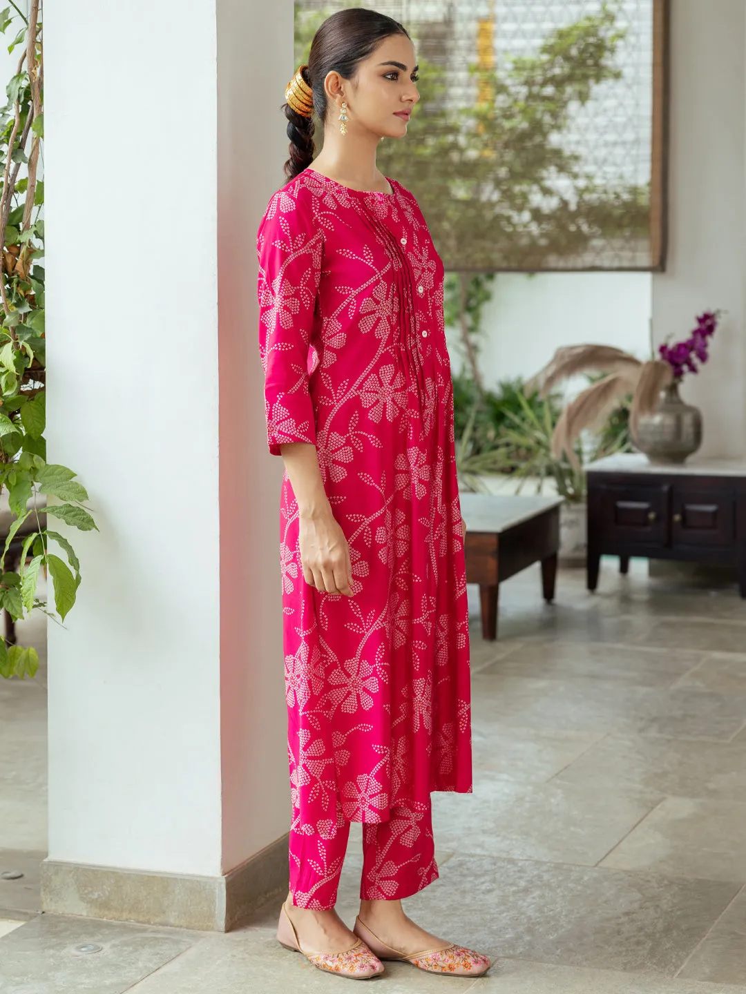 Ethnic Bandhani Printed A-Line Co-ord Set - Pink