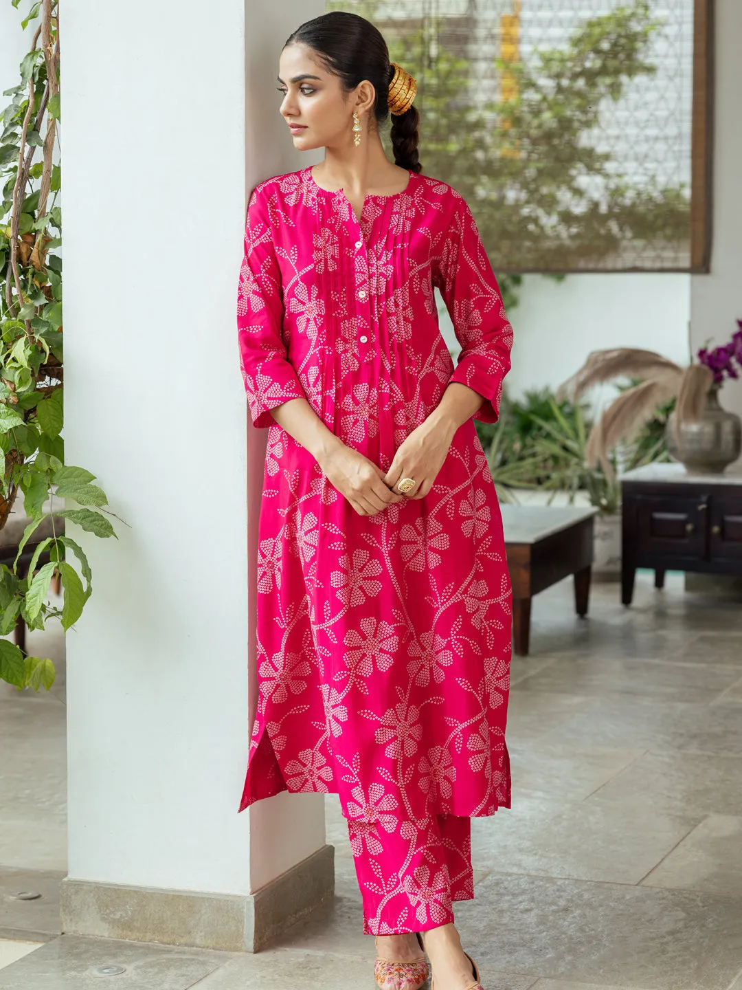 Ethnic Bandhani Printed A-Line Co-ord Set - Pink