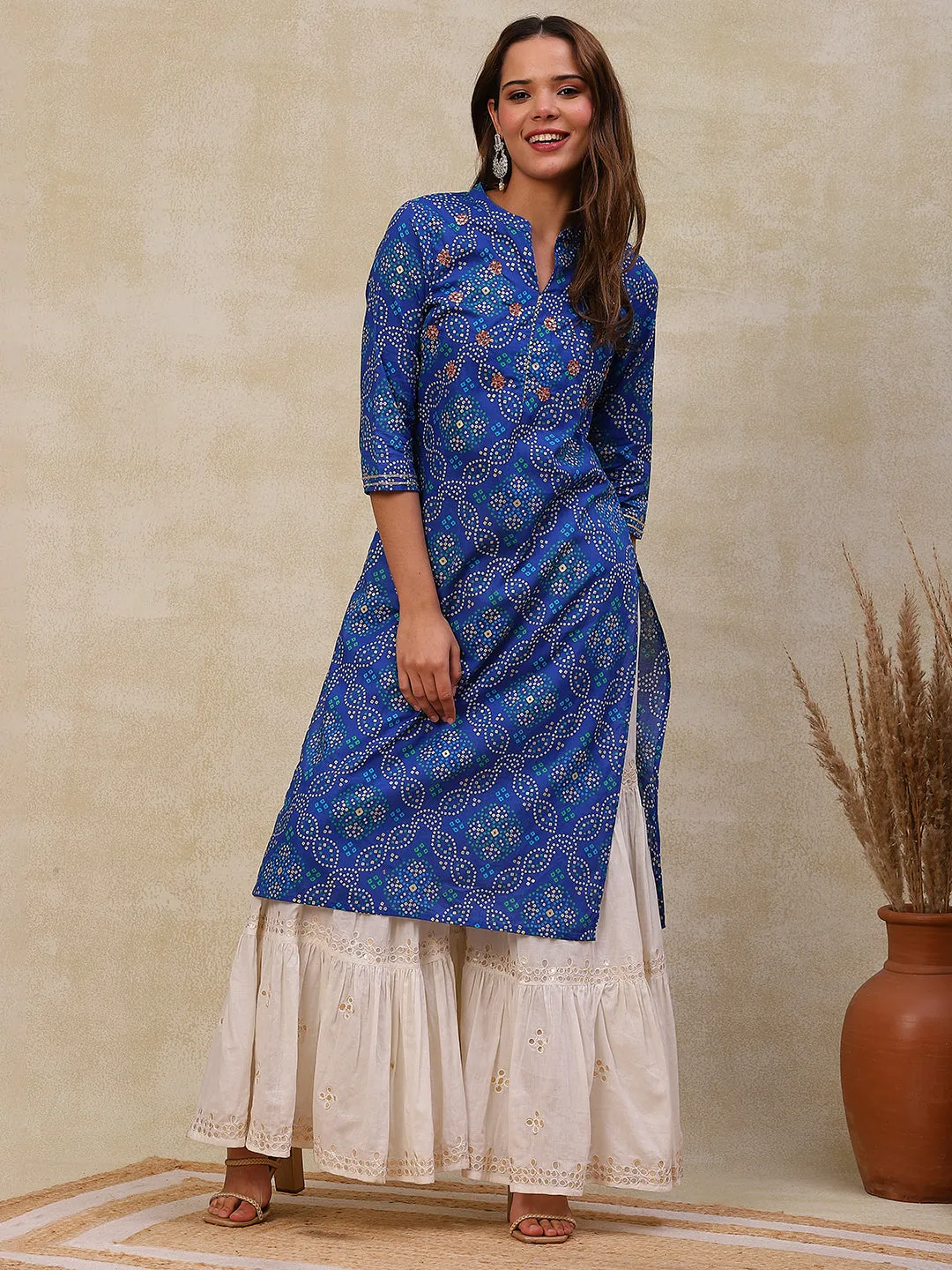 Ethnic Bandhani Printed Mirror & Cutdana Embroidered Kurta - Blue