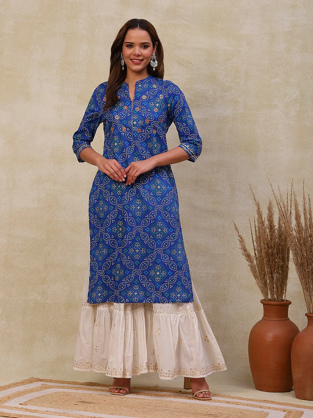 Ethnic Bandhani Printed Mirror & Cutdana Embroidered Kurta - Blue