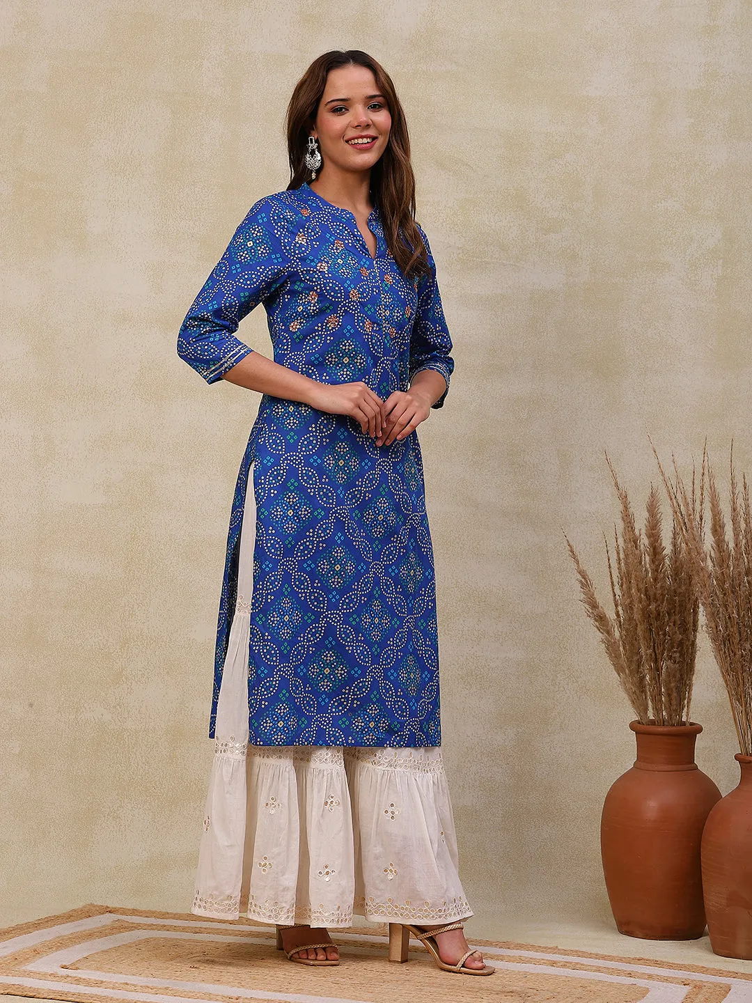 Ethnic Bandhani Printed Mirror & Cutdana Embroidered Kurta - Blue