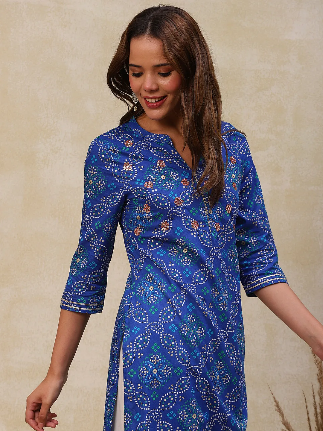 Ethnic Bandhani Printed Mirror & Cutdana Embroidered Kurta - Blue