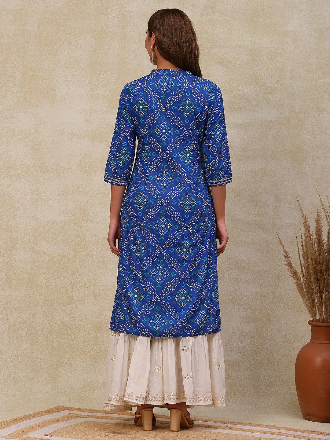 Ethnic Bandhani Printed Mirror & Cutdana Embroidered Kurta - Blue