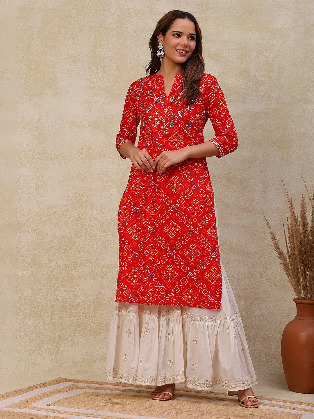 Ethnic Bandhani Printed Mirror & Cutdana Embroidered Kurta - Red