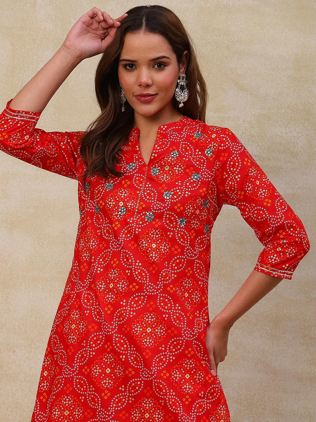 Ethnic Bandhani Printed Mirror & Cutdana Embroidered Kurta - Red