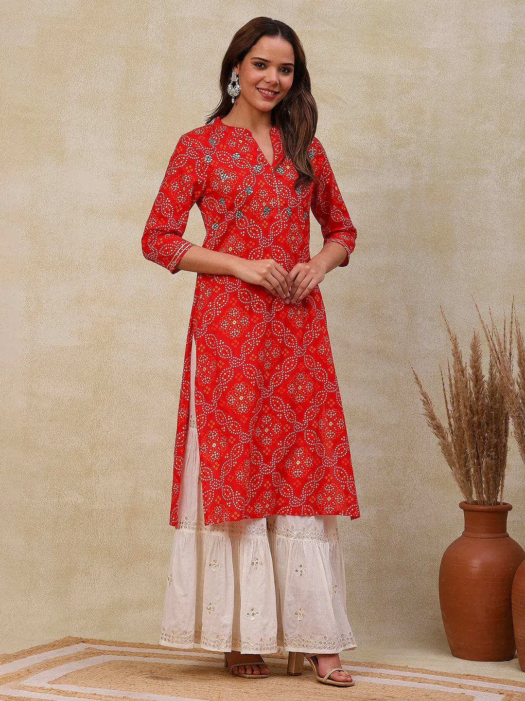 Ethnic Bandhani Printed Mirror & Cutdana Embroidered Kurta - Red