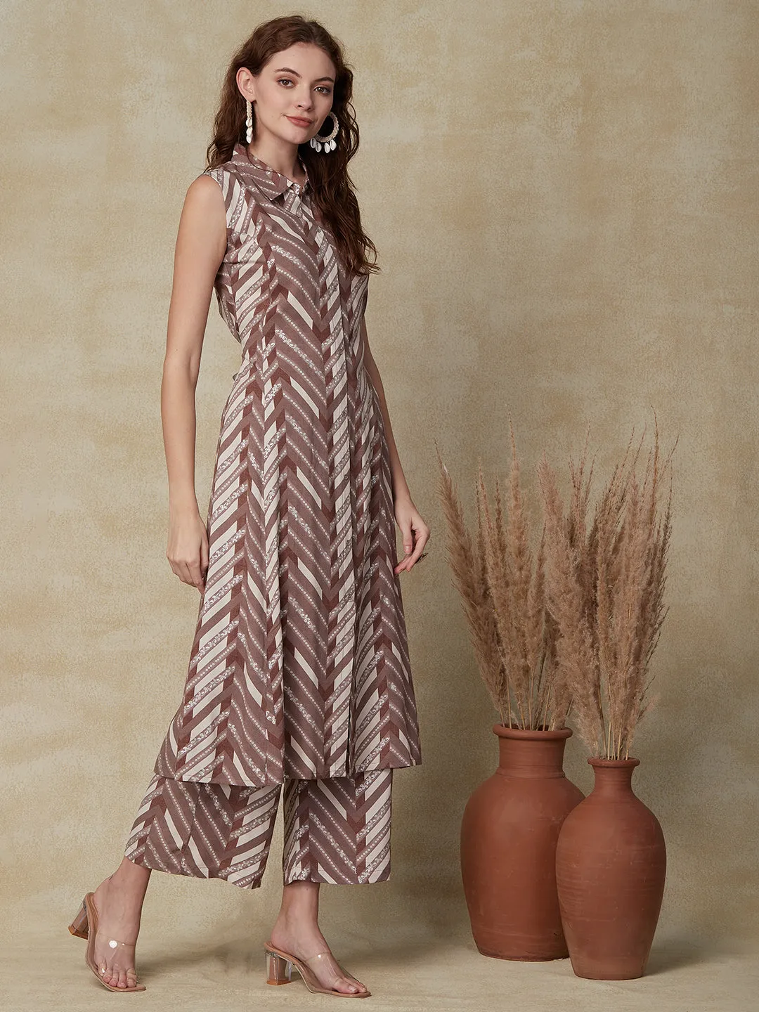 Ethnic Chevron Foil Printed A-Line Paneled Kurta with Pant - Brown