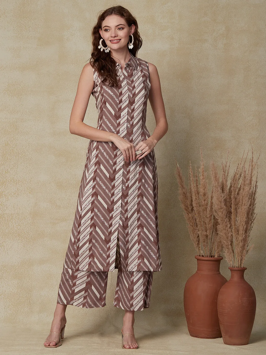 Ethnic Chevron Foil Printed A-Line Paneled Kurta with Pant - Brown