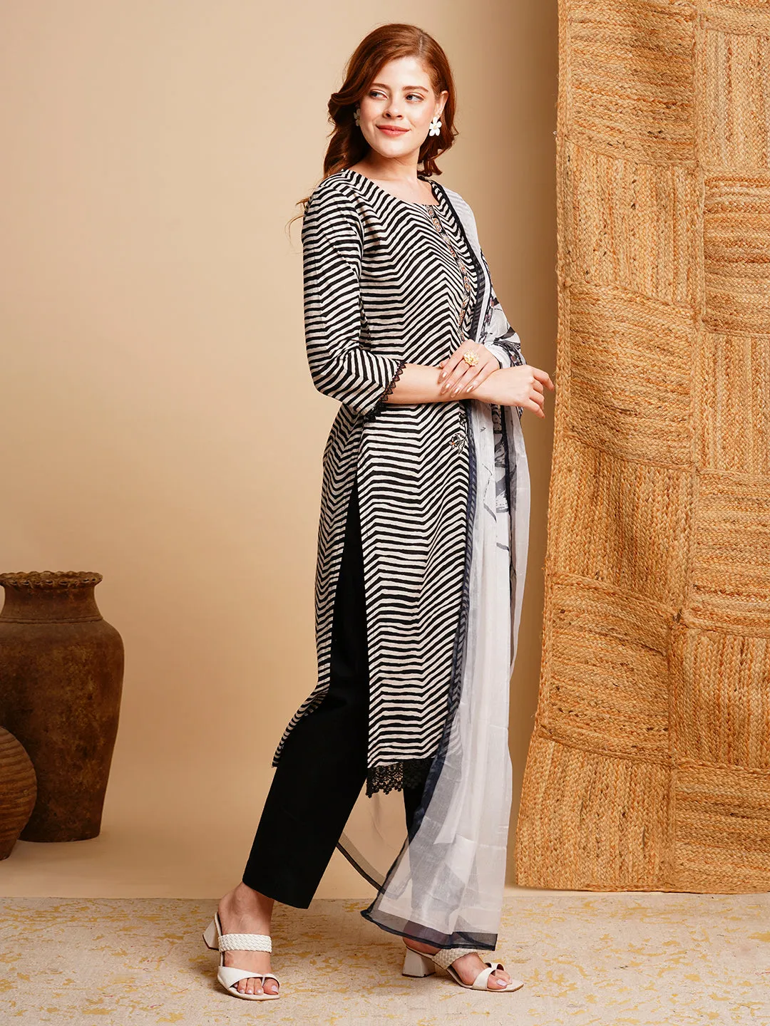 Ethnic Chevron Printed & Embroidered Straight Kurta with Pant & Dupatta - Black