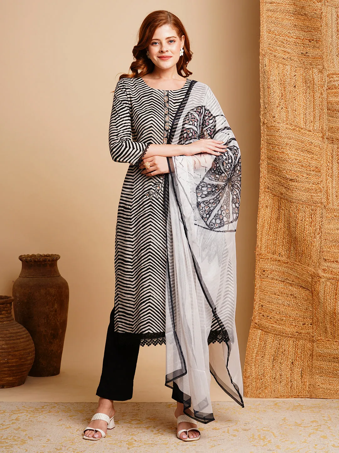 Ethnic Chevron Printed & Embroidered Straight Kurta with Pant & Dupatta - Black