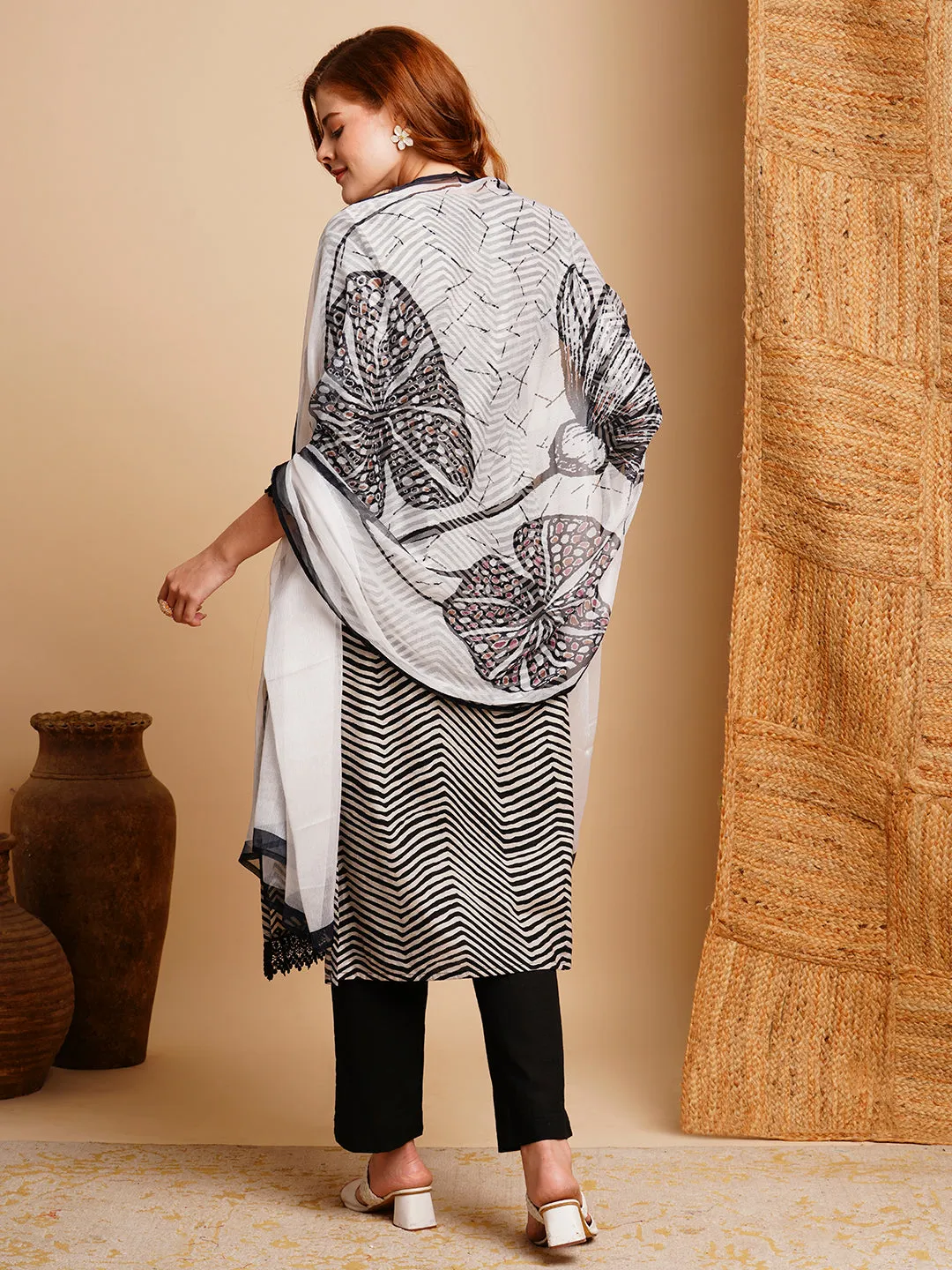 Ethnic Chevron Printed & Embroidered Straight Kurta with Pant & Dupatta - Black