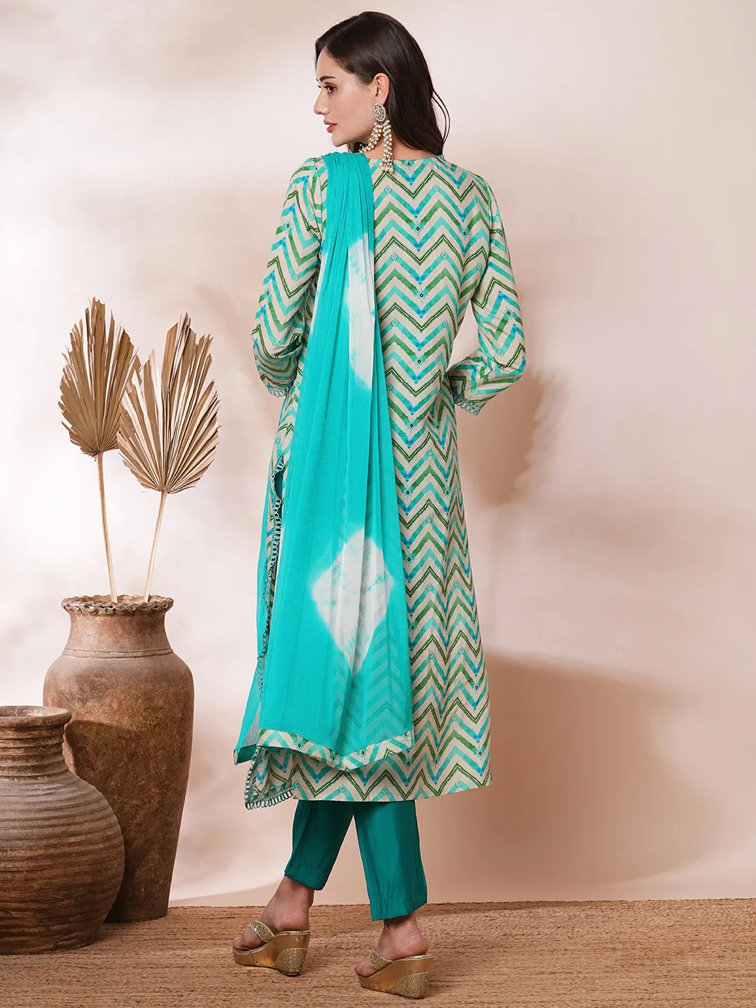 Ethnic Chevron Printed & Embroidered Straight Kurta with Pant & Dupatta - Multi