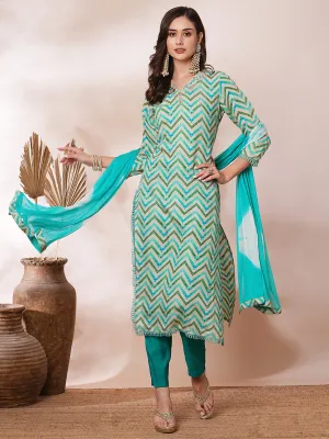 Ethnic Chevron Printed & Embroidered Straight Kurta with Pant & Dupatta - Multi