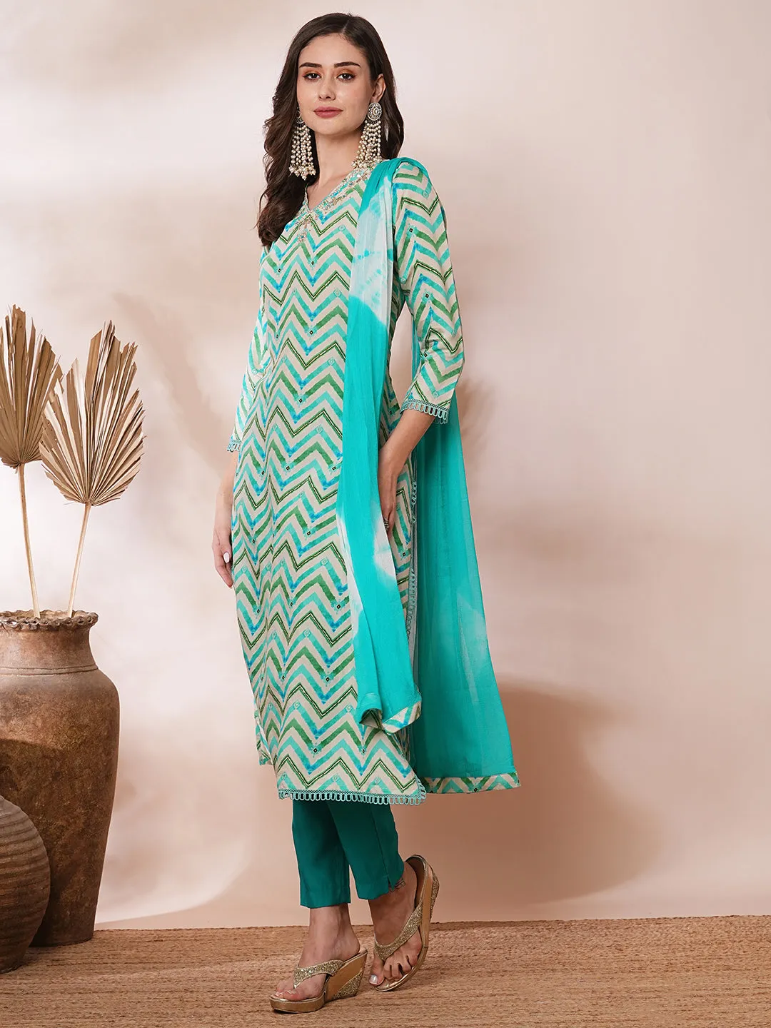 Ethnic Chevron Printed & Embroidered Straight Kurta with Pant & Dupatta - Multi