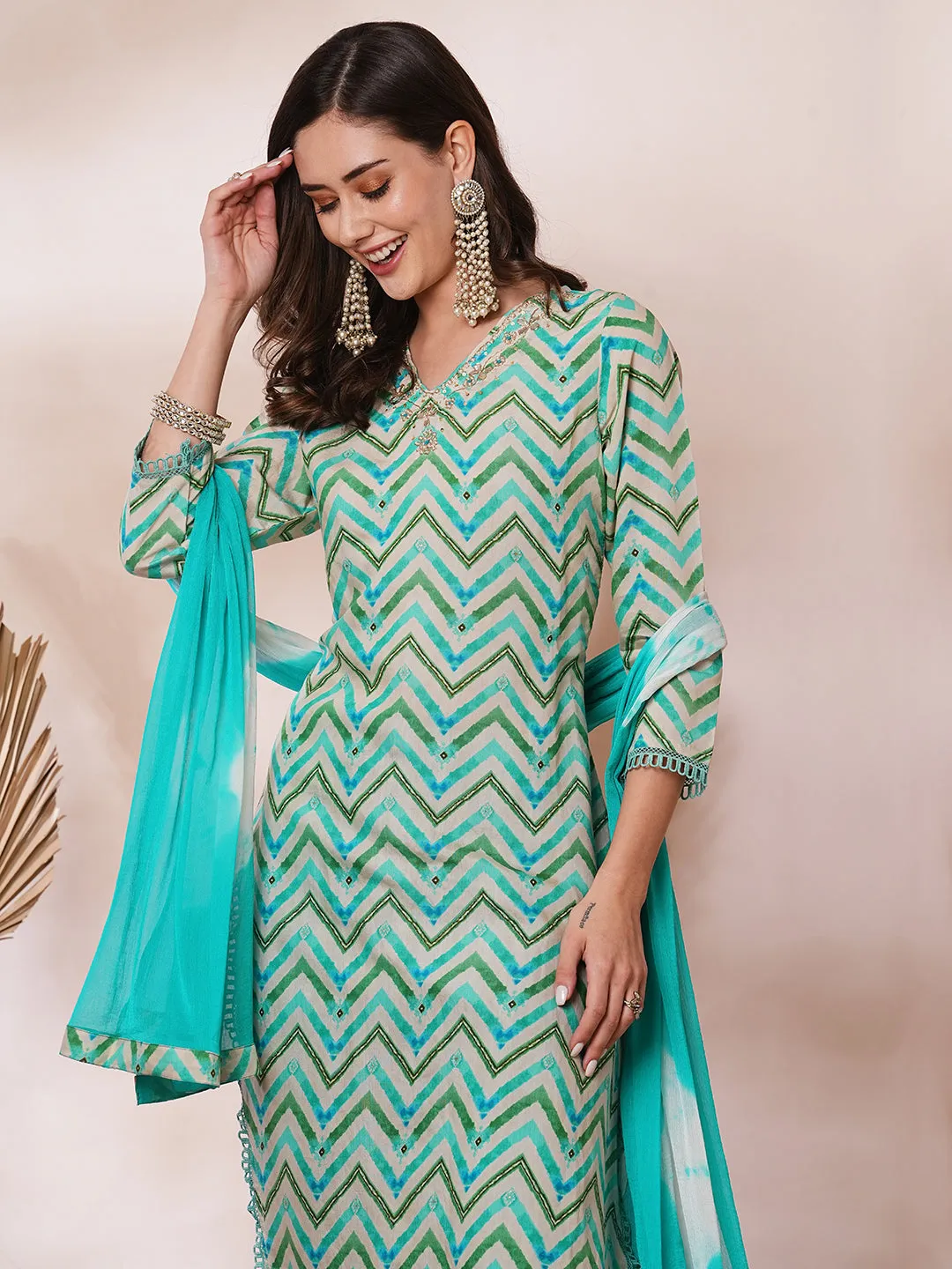 Ethnic Chevron Printed & Embroidered Straight Kurta with Pant & Dupatta - Multi