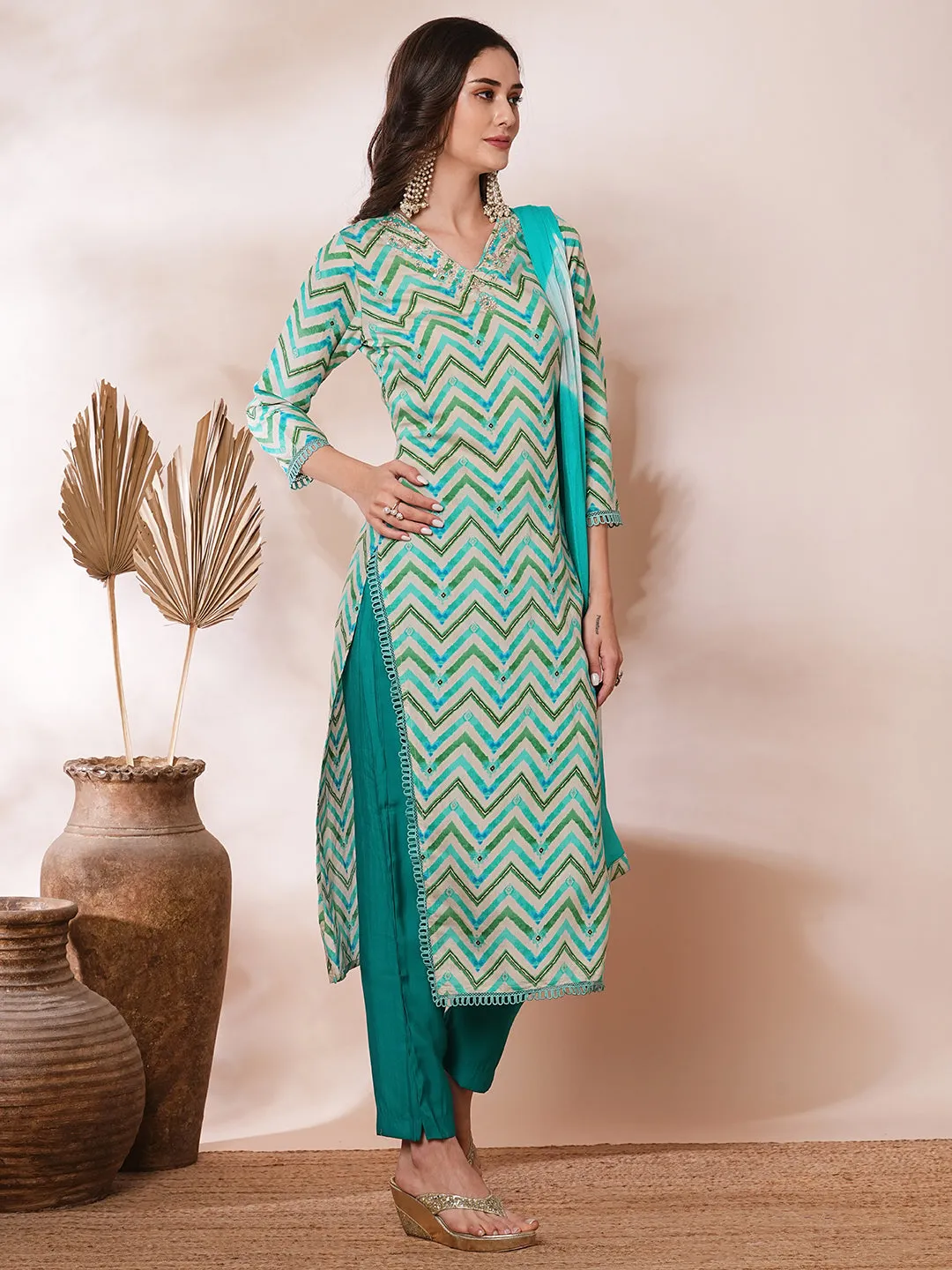 Ethnic Chevron Printed & Embroidered Straight Kurta with Pant & Dupatta - Multi