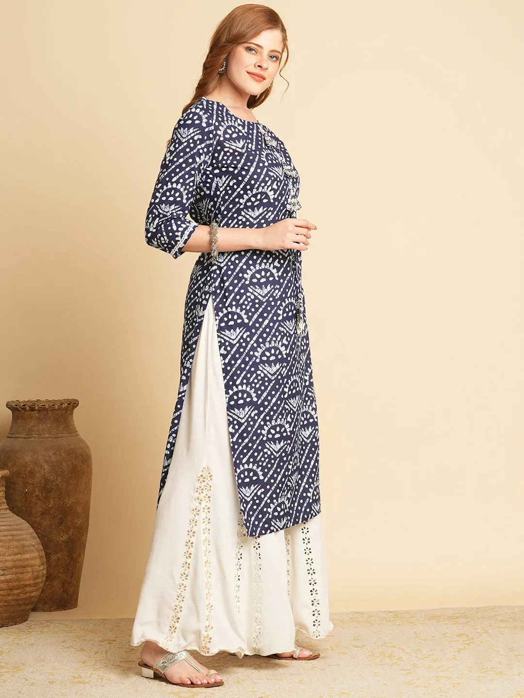 Ethnic Dabu Printed Straight Fit Kurta - Blue