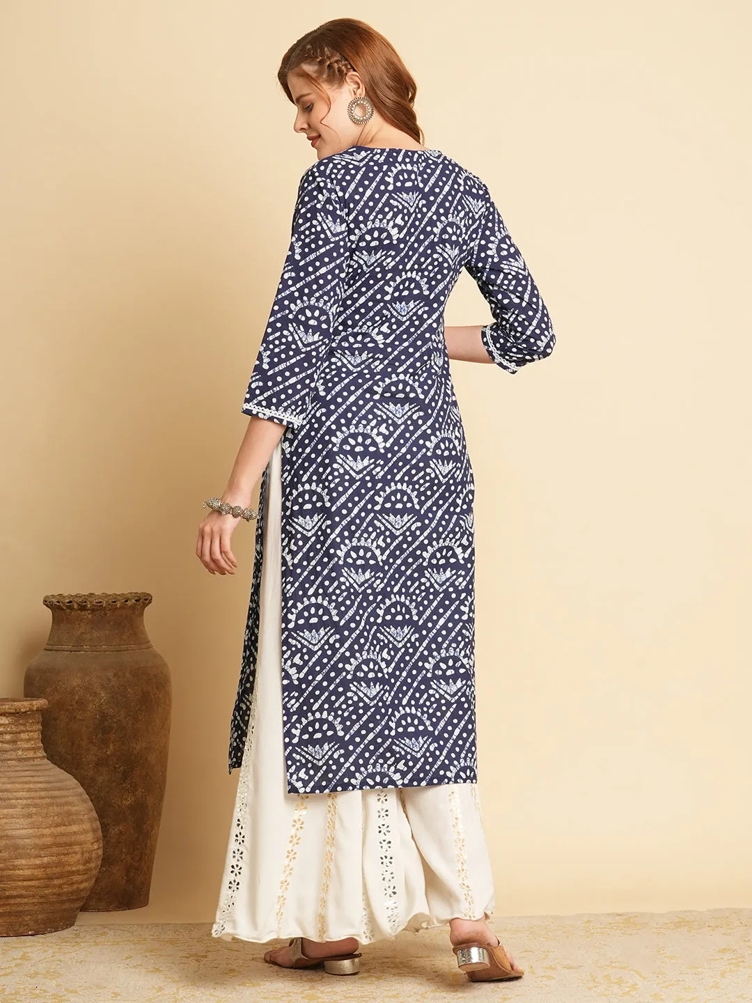 Ethnic Dabu Printed Straight Fit Kurta - Blue