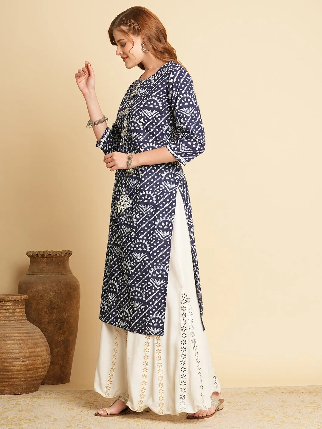 Ethnic Dabu Printed Straight Fit Kurta - Blue