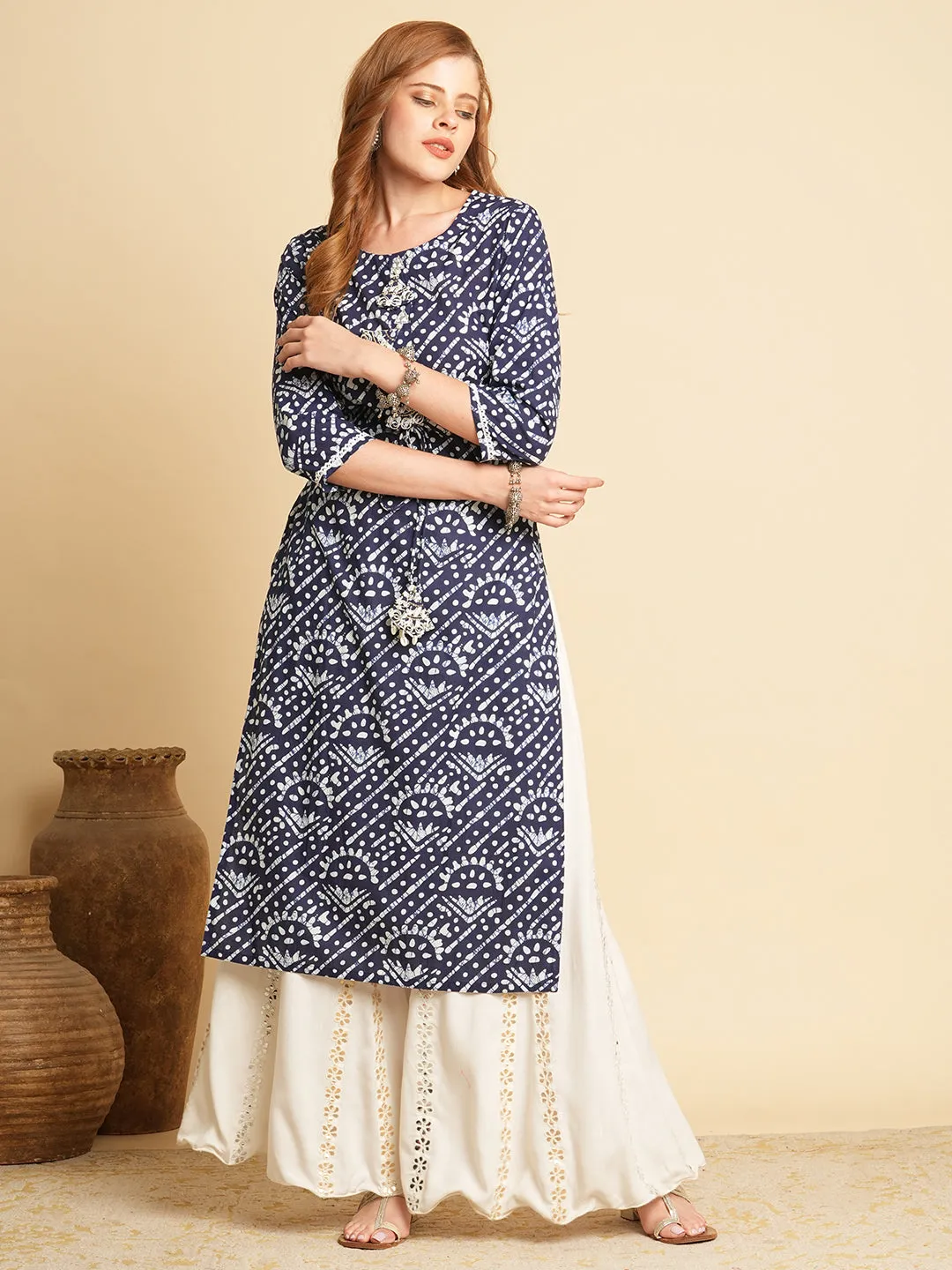 Ethnic Dabu Printed Straight Fit Kurta - Blue