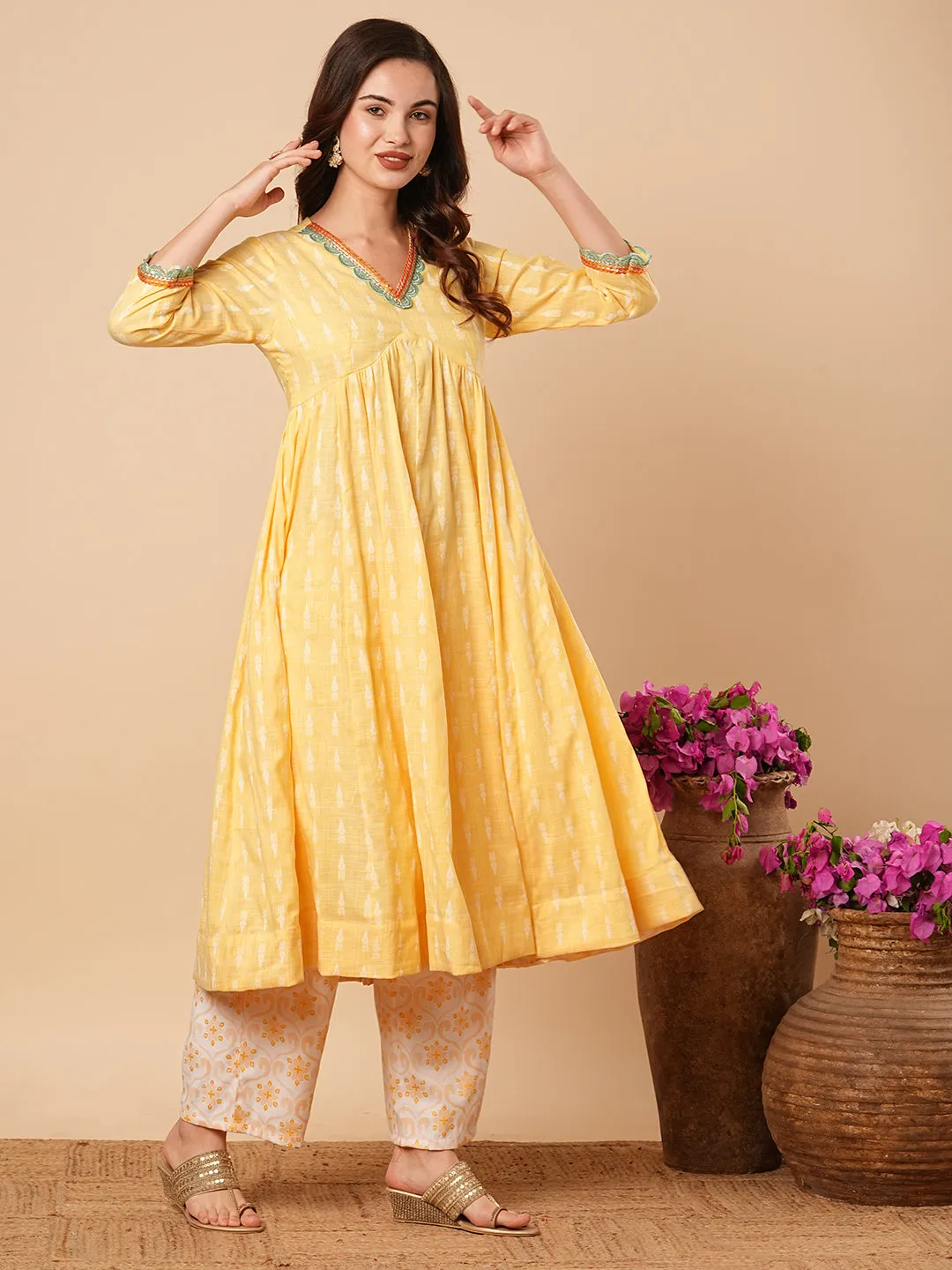 Ethnic Dobby Woven & Embroidered A-Line Pleated Kurta with Palazzo - Yellow