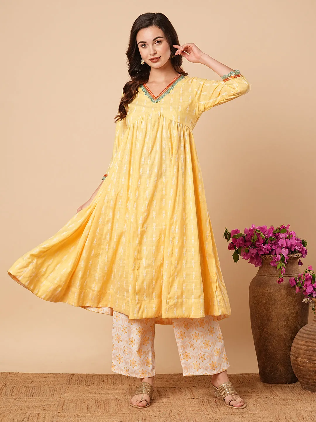 Ethnic Dobby Woven & Embroidered A-Line Pleated Kurta with Palazzo - Yellow