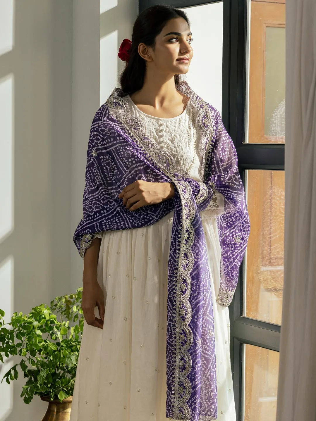 Ethnic Embroidered A-Line Pleated Kurta with Pant & Bandhani Printed Dupatta - White