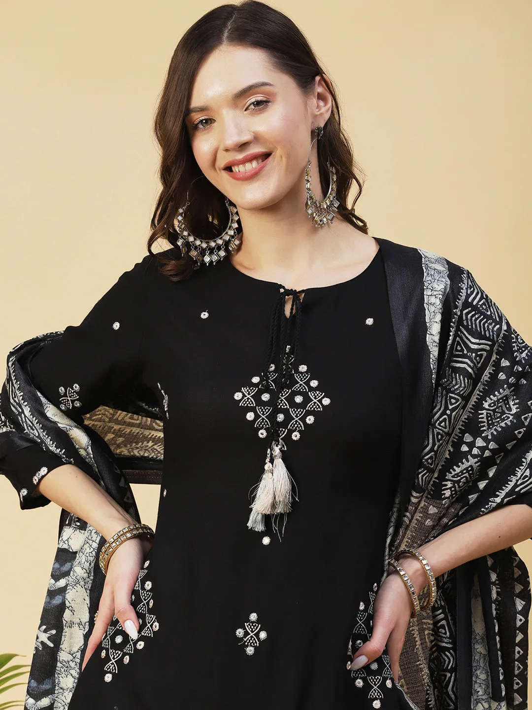 Ethnic Embroidered Straight Kurta with Ethnic Printed Dupatta - Black