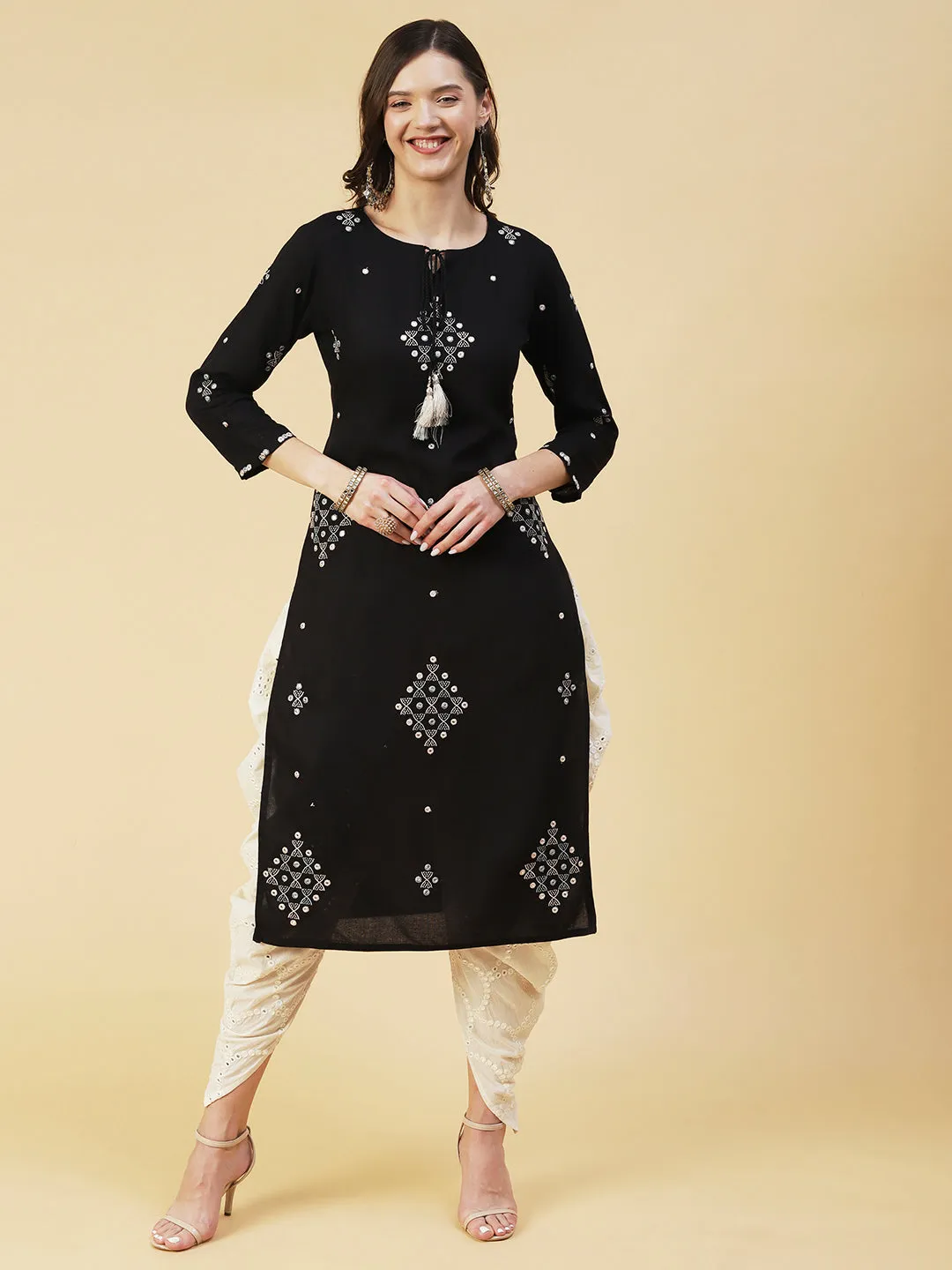 Ethnic Embroidered Straight Kurta with Ethnic Printed Dupatta - Black