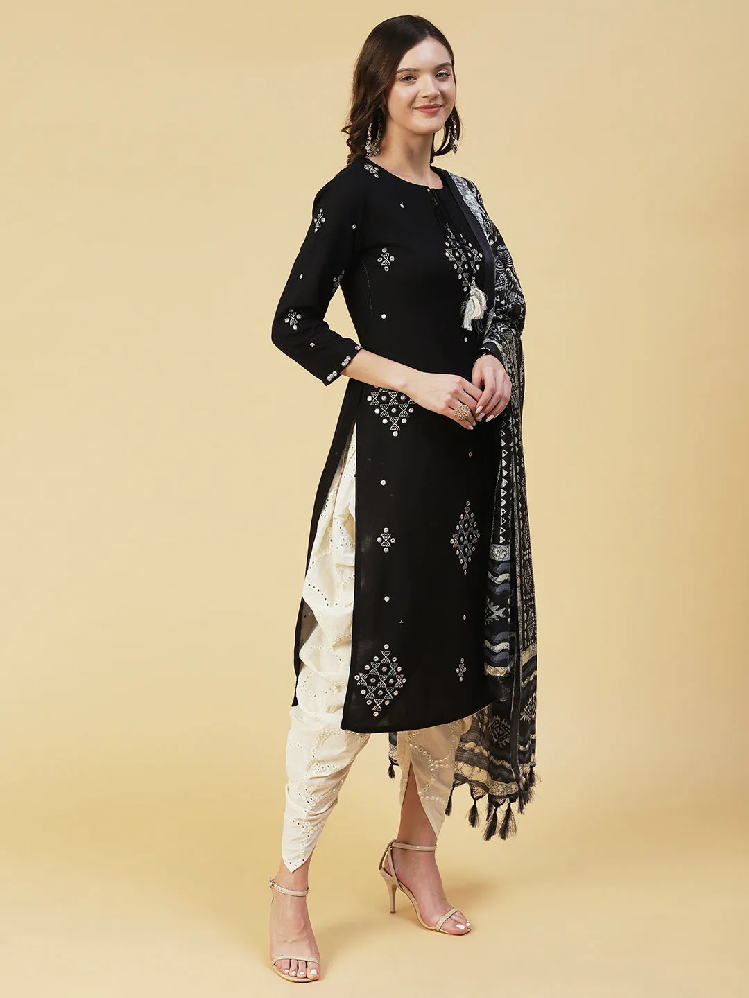 Ethnic Embroidered Straight Kurta with Ethnic Printed Dupatta - Black