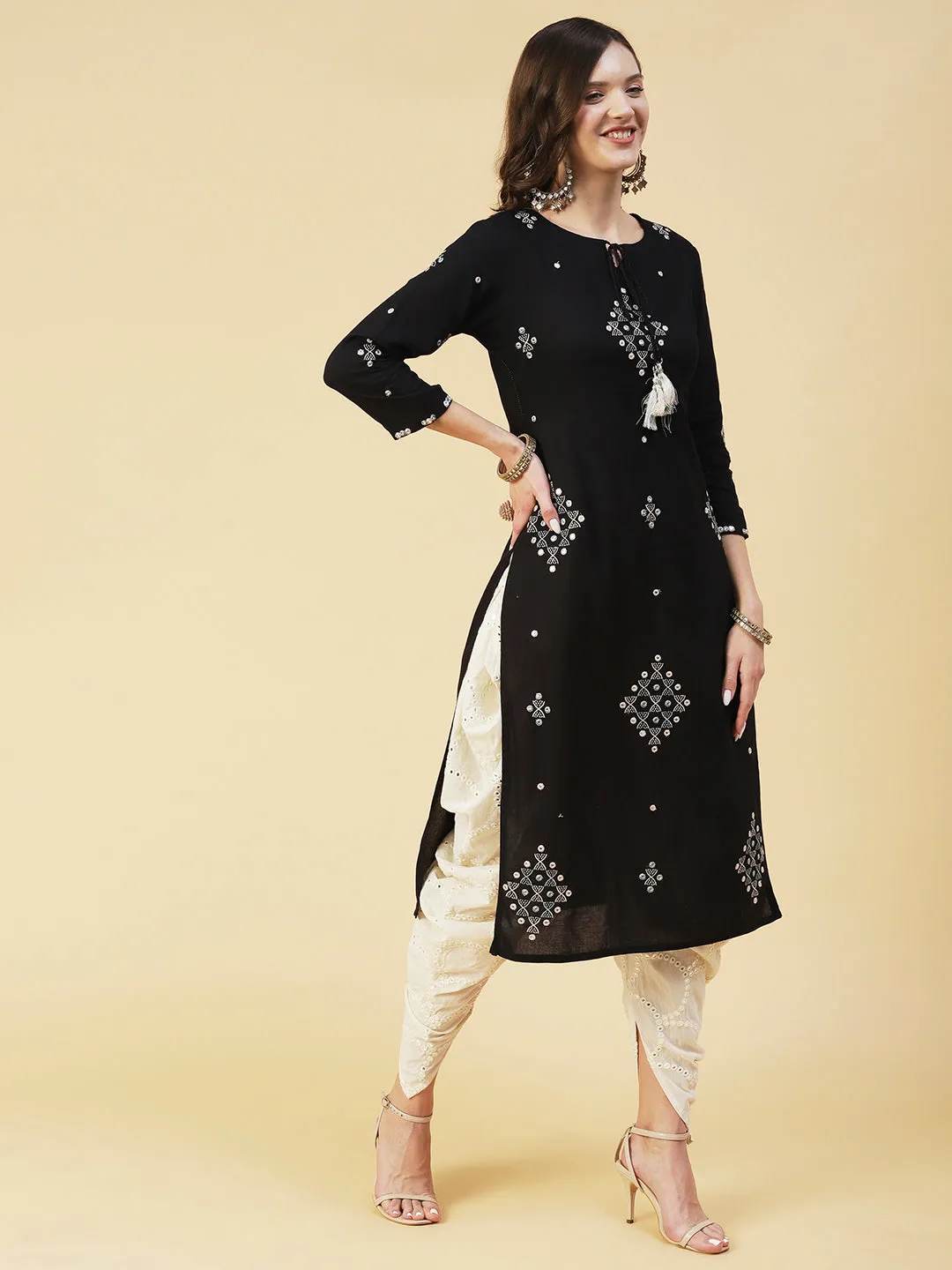 Ethnic Embroidered Straight Kurta with Ethnic Printed Dupatta - Black