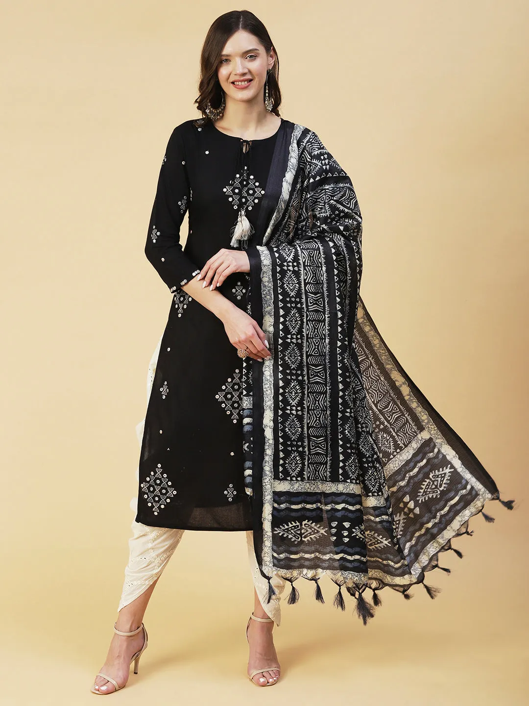 Ethnic Embroidered Straight Kurta with Ethnic Printed Dupatta - Black