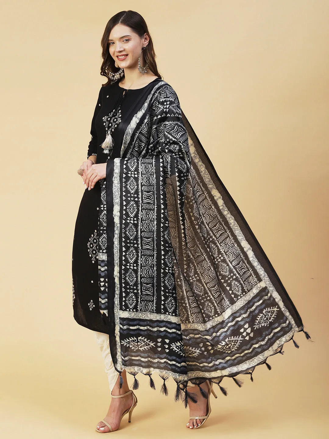 Ethnic Embroidered Straight Kurta with Ethnic Printed Dupatta - Black